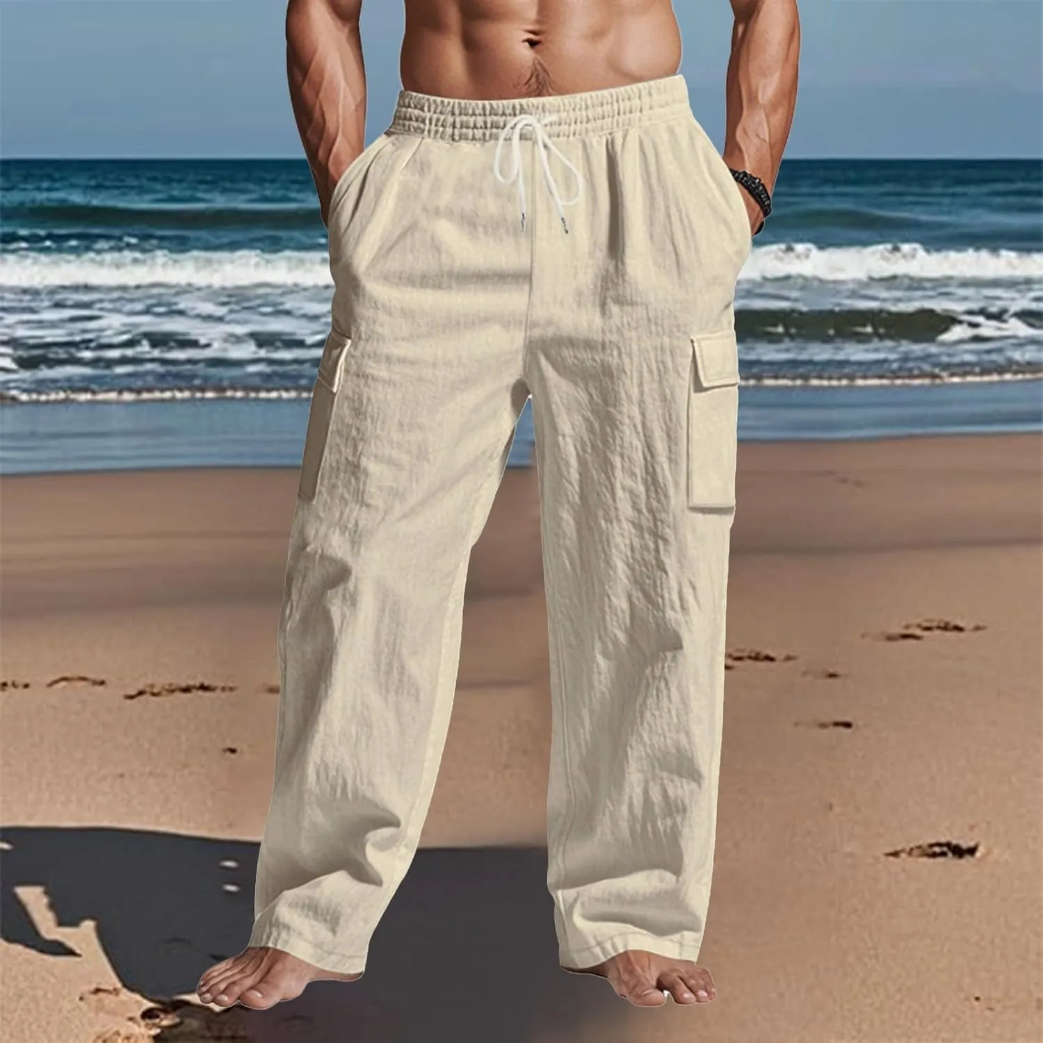Men's Linen Pants Pants for Men Baggy Straight Leg High Waisted Loose Fit Cotton Linen Casual Summer Beach Pant