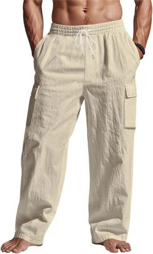 Men's Linen Pants Pants for Men Baggy Straight Leg High Waisted Loose Fit Cotton Linen Casual Summer Beach Pant