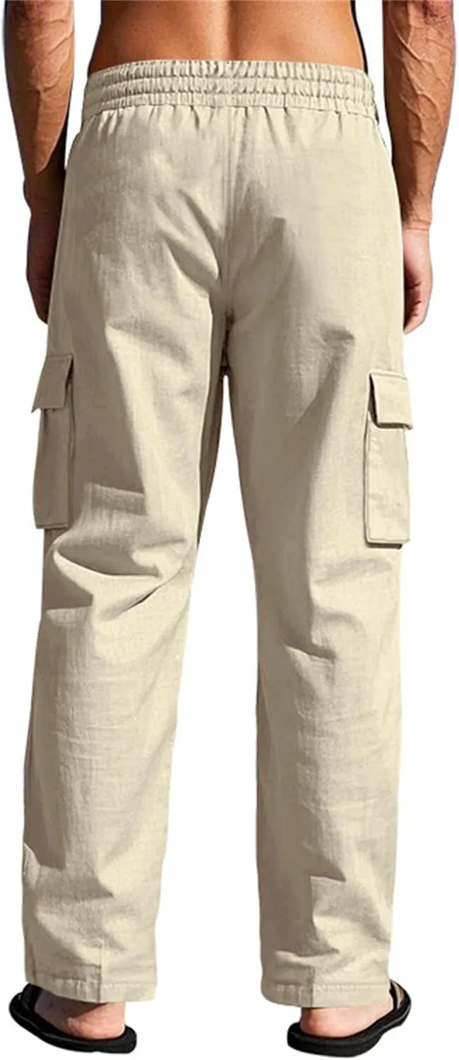 Men's Linen Pants Pants for Men Baggy Straight Leg High Waisted Loose Fit Cotton Linen Casual Summer Beach Pant