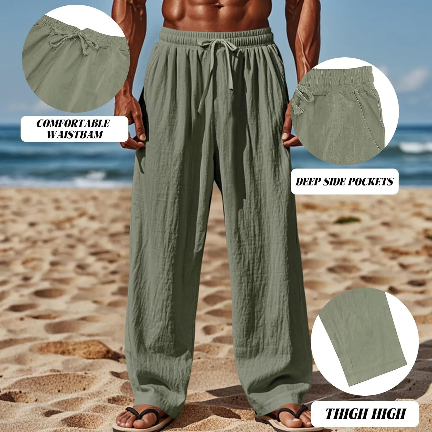 Mens Linen Pants Yoga Beach Loose Fit Casual Summer Elastic Waist Drawstring Baggy Trousers with Pockets