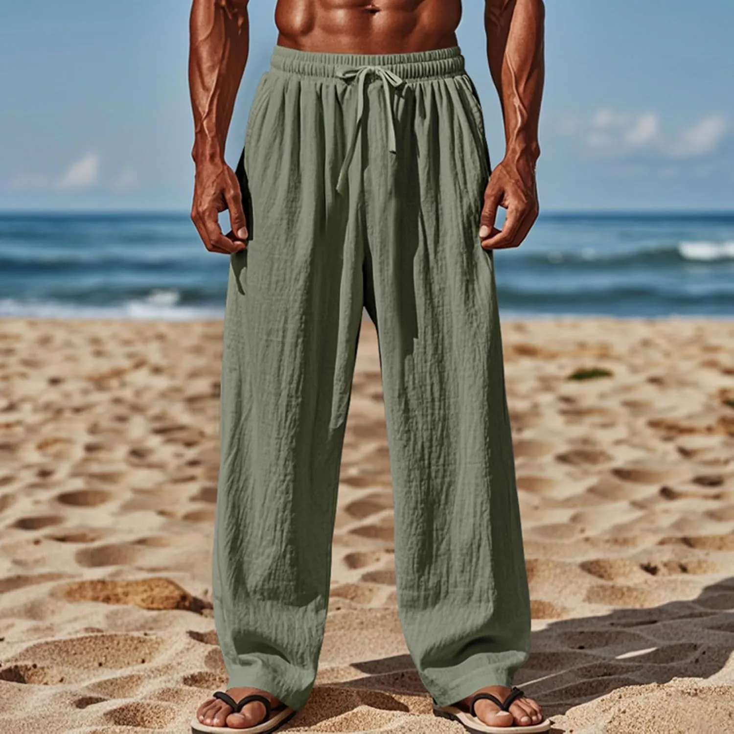 Mens Linen Pants Yoga Beach Loose Fit Casual Summer Elastic Waist Drawstring Baggy Trousers with Pockets