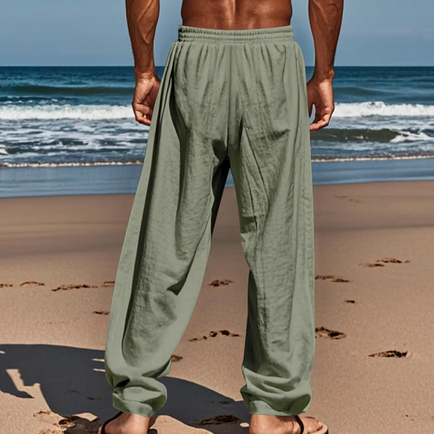 Mens Linen Pants Yoga Beach Loose Fit Casual Summer Elastic Waist Drawstring Baggy Trousers with Pockets