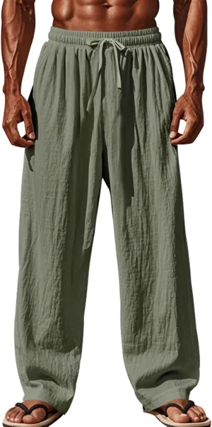 Mens Linen Pants Yoga Beach Loose Fit Casual Summer Elastic Waist Drawstring Baggy Trousers with Pockets