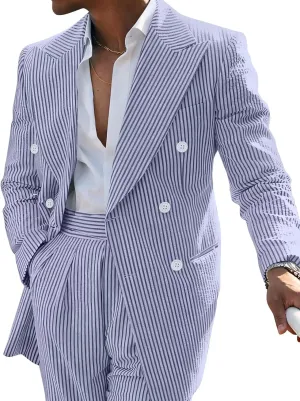 Men's Striped Seersucker Suits 2 Piece Slim Fit Wedding Tuxedo Summer Beach Leisure Suits Sets