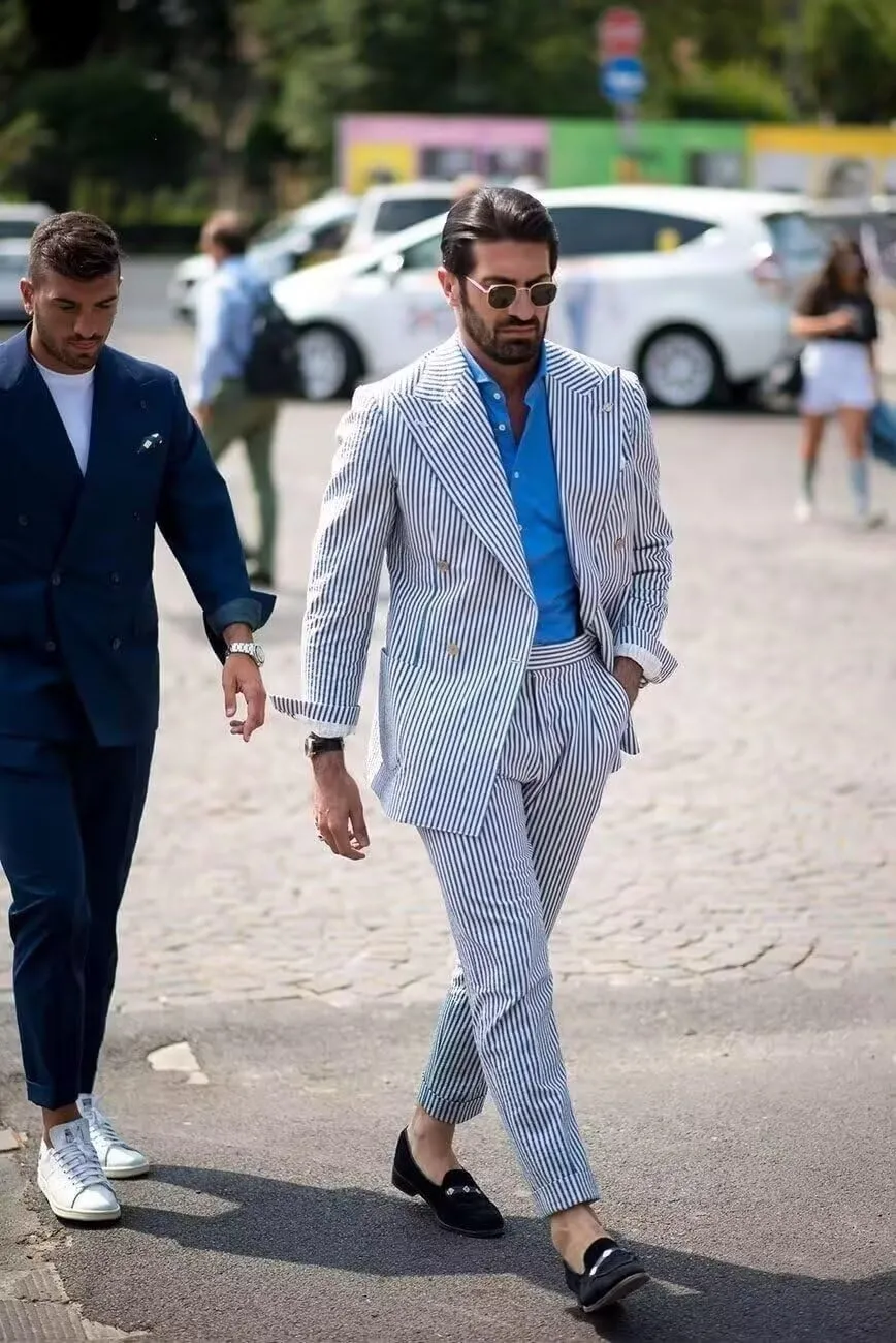 Men's Striped Seersucker Suits 2 Piece Slim Fit Wedding Tuxedo Summer Beach Leisure Suits Sets