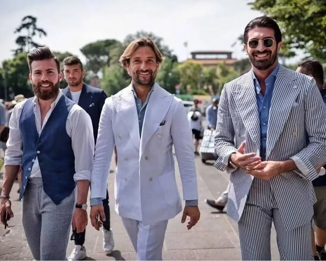 Men's Striped Seersucker Suits 2 Piece Slim Fit Wedding Tuxedo Summer Beach Leisure Suits Sets