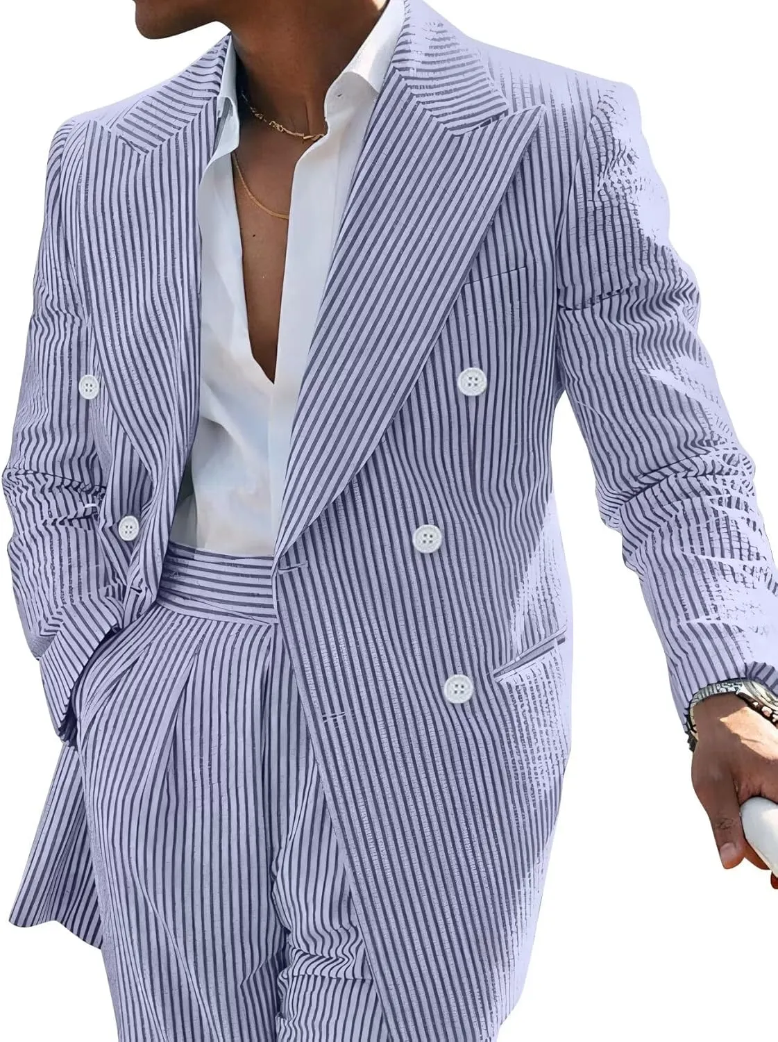 Men's Striped Seersucker Suits 2 Piece Slim Fit Wedding Tuxedo Summer Beach Leisure Suits Sets