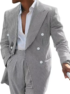 Men's Striped Seersucker Suits 2 Piece Slim Fit Wedding Tuxedo Summer Beach Leisure Suits Sets