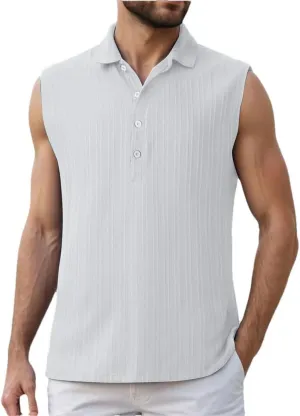 Men's Summer Sleeveless Beach Casual Tank Tops Beach Holiday Lapel Neck Camisole with Button Shirt