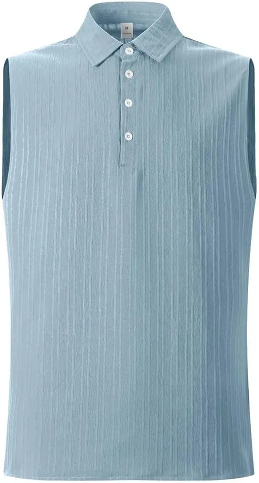 Men's Summer Sleeveless Beach Casual Tank Tops Beach Holiday Lapel Neck Camisole with Button Shirt
