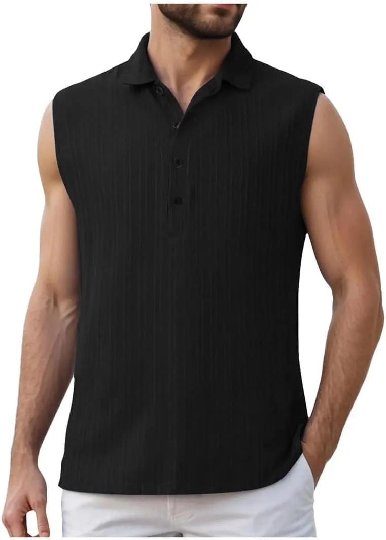 Men's Summer Sleeveless Beach Casual Tank Tops Beach Holiday Lapel Neck Camisole with Button Shirt