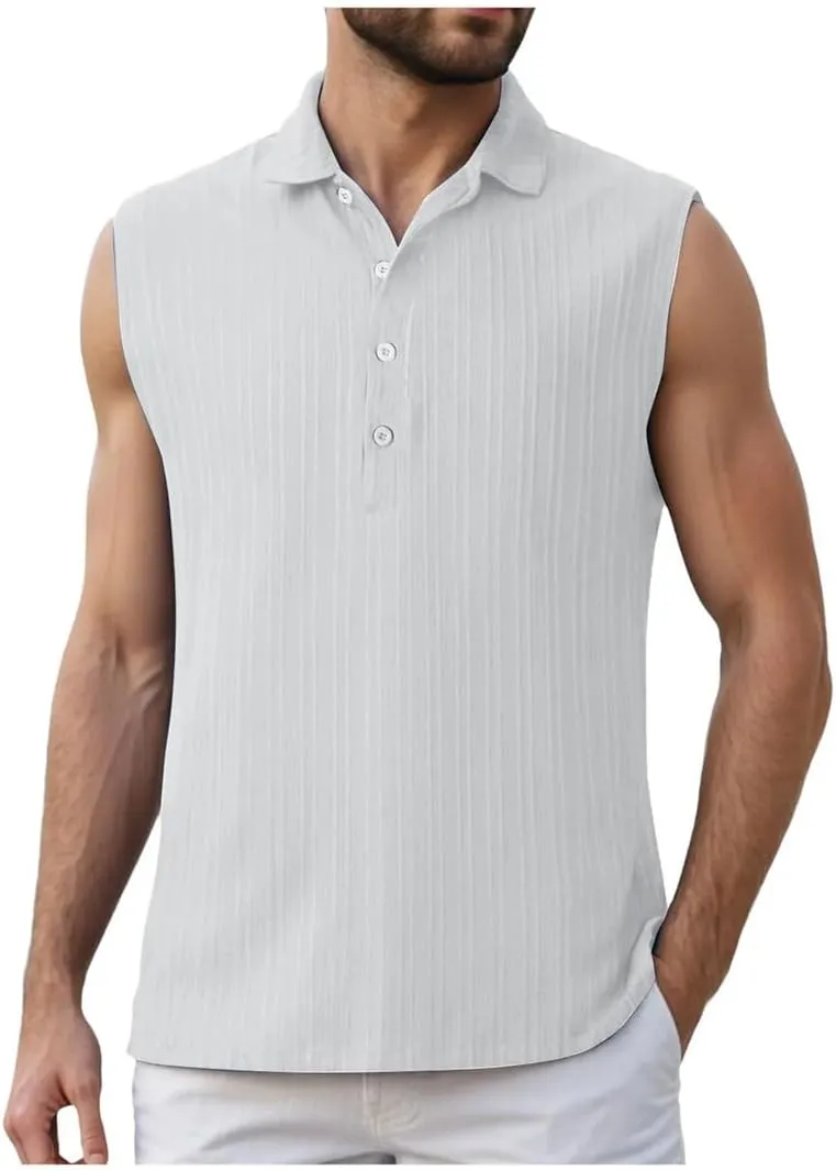 Men's Summer Sleeveless Beach Casual Tank Tops Beach Holiday Lapel Neck Camisole with Button Shirt