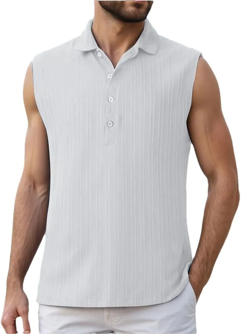 Men's Summer Sleeveless Beach Casual Tank Tops Beach Holiday Lapel Neck Camisole with Button Shirt