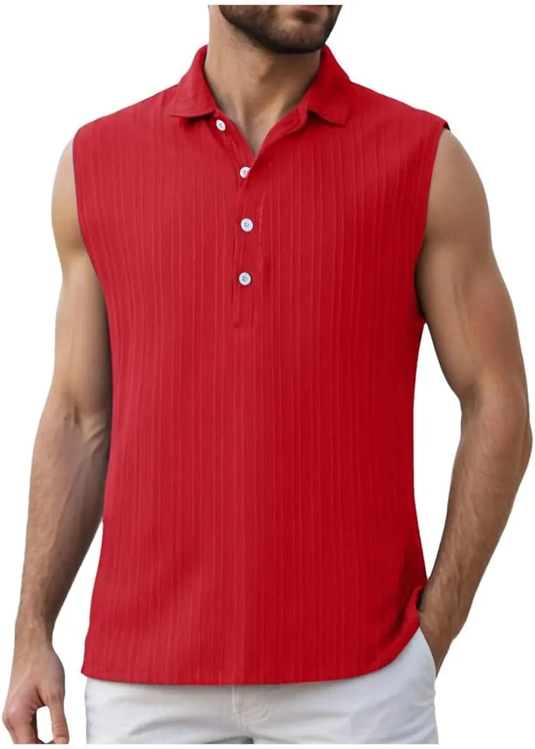Men's Summer Sleeveless Beach Casual Tank Tops Beach Holiday Lapel Neck Camisole with Button Shirt
