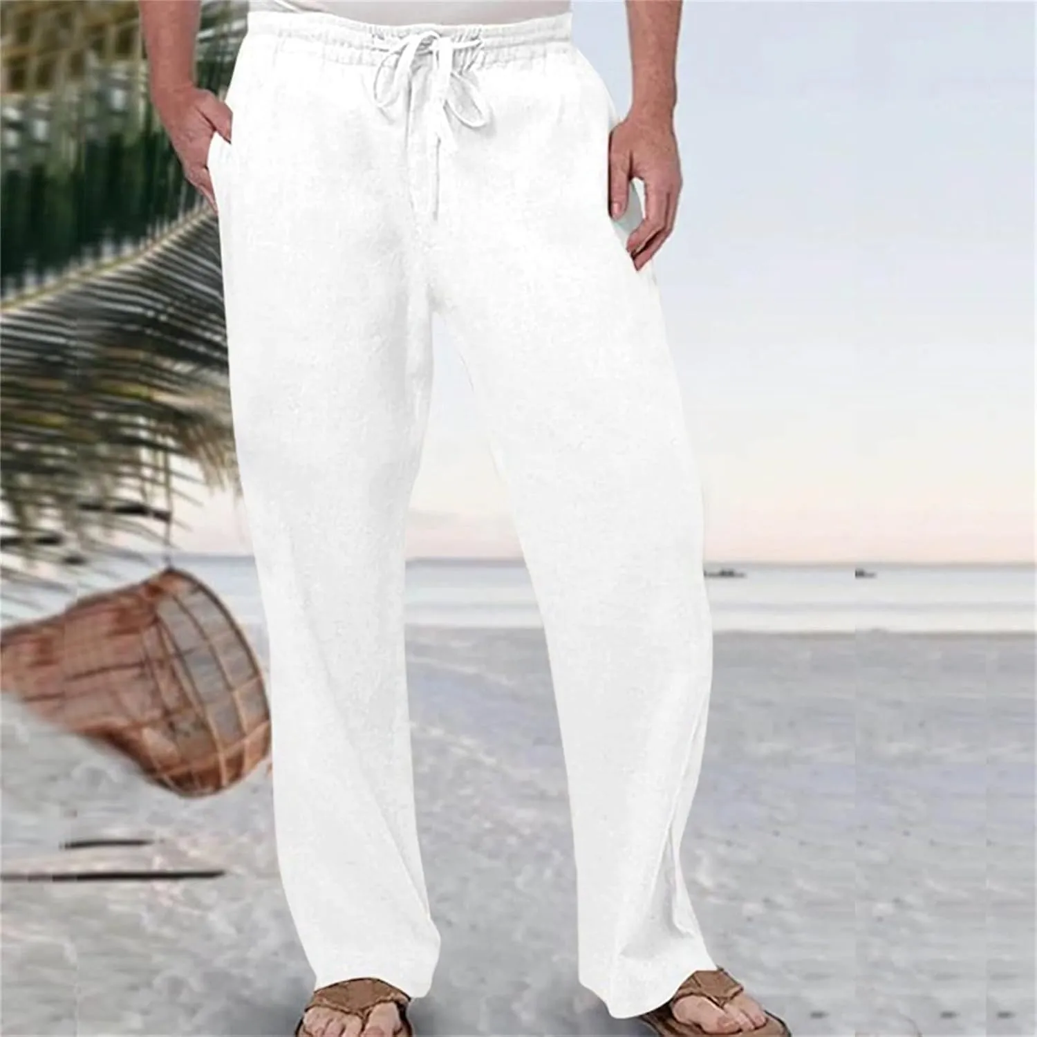 Men's Tall Open Bottom Joggers Versatile Yoga Golf Running Pants Cotton Linen Blend Straight Leg with Pockets