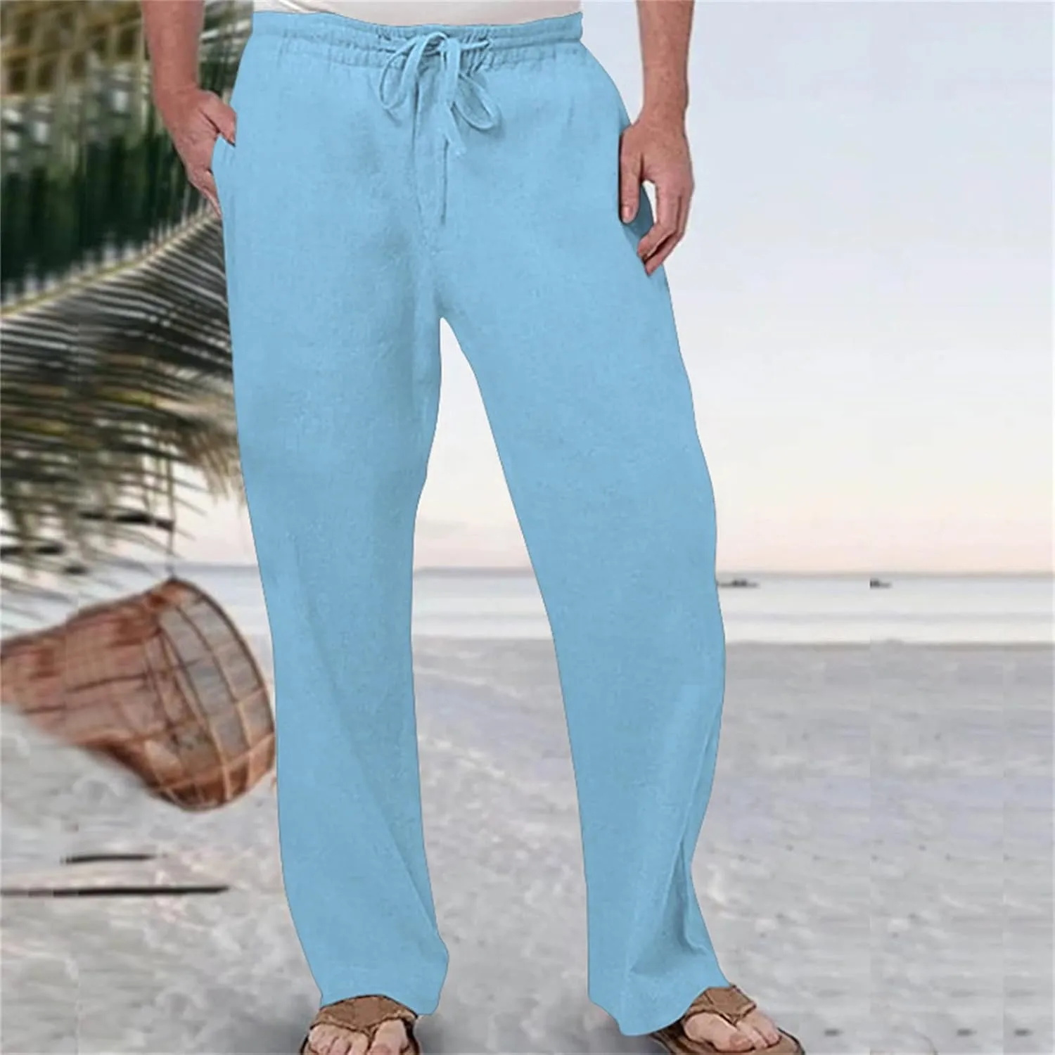 Men's Tall Open Bottom Joggers Versatile Yoga Golf Running Pants Cotton Linen Blend Straight Leg with Pockets
