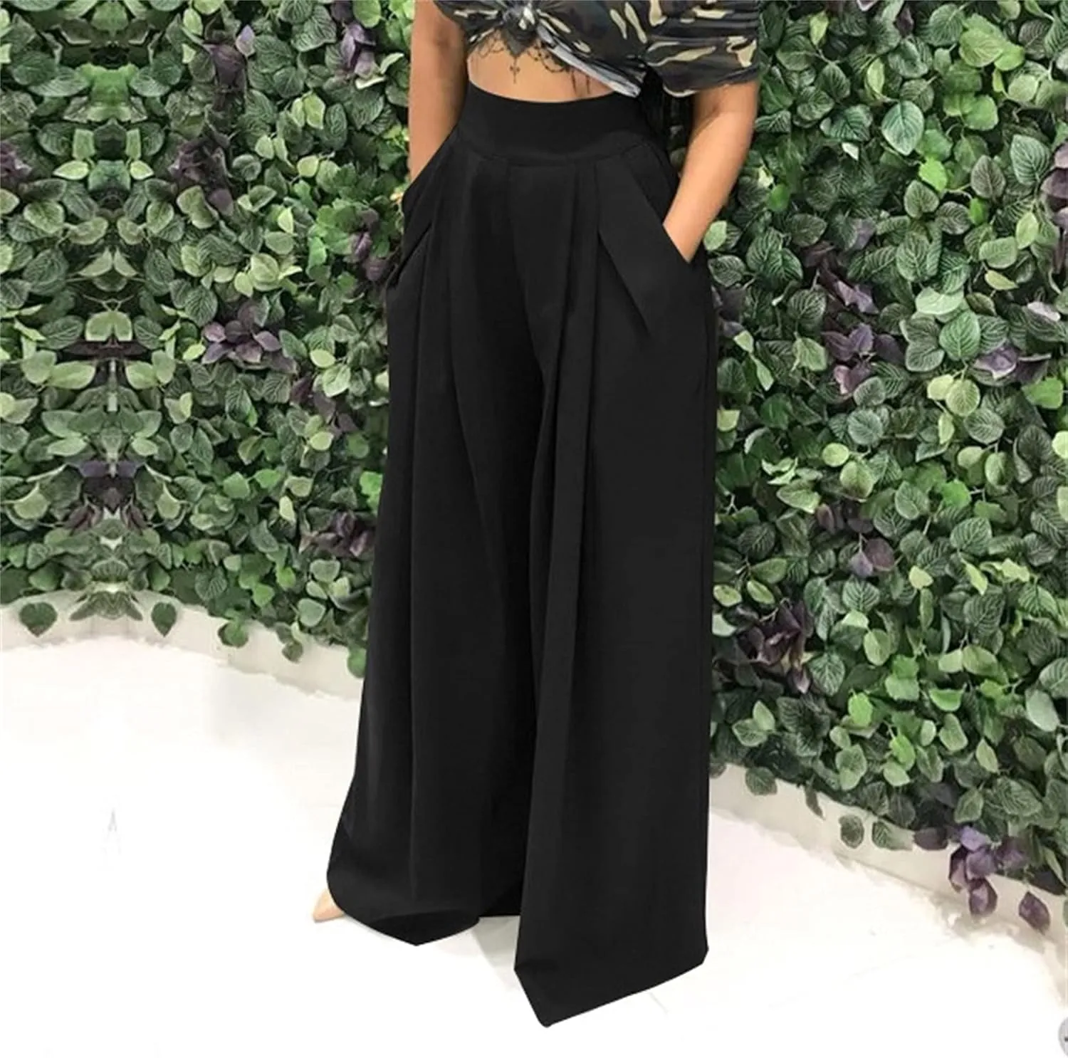 MESLIMA Palazzo Pants for Women High Waisted Wide Leg Stretchy Loose Fit Casual Trousers with Pocket
