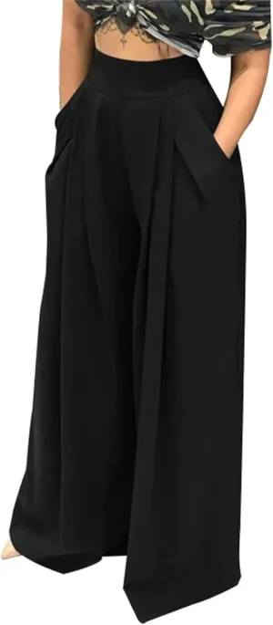 MESLIMA Palazzo Pants for Women High Waisted Wide Leg Stretchy Loose Fit Casual Trousers with Pocket