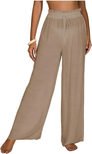 Milumia Women's Summer Linen Bathing Suit Cover Up Swim Beach Pants Sheer Wide Leg Swimsuit Coverup Pants