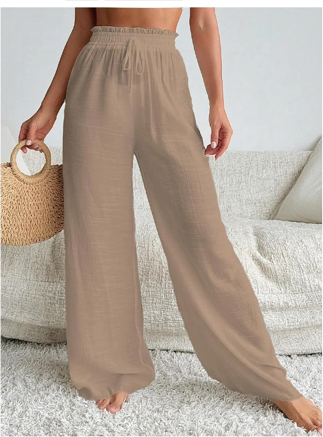 Milumia Women's Summer Linen Bathing Suit Cover Up Swim Beach Pants Sheer Wide Leg Swimsuit Coverup Pants