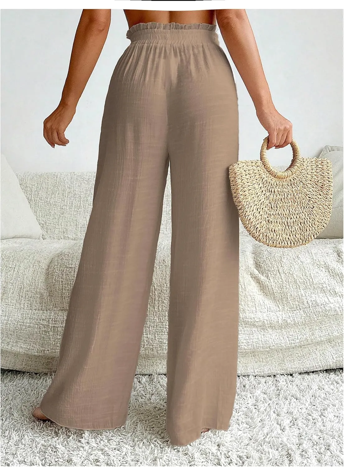 Milumia Women's Summer Linen Bathing Suit Cover Up Swim Beach Pants Sheer Wide Leg Swimsuit Coverup Pants