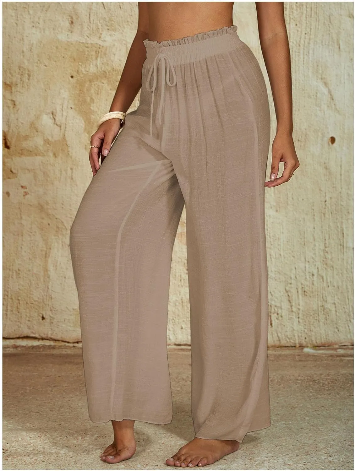 Milumia Women's Summer Linen Bathing Suit Cover Up Swim Beach Pants Sheer Wide Leg Swimsuit Coverup Pants
