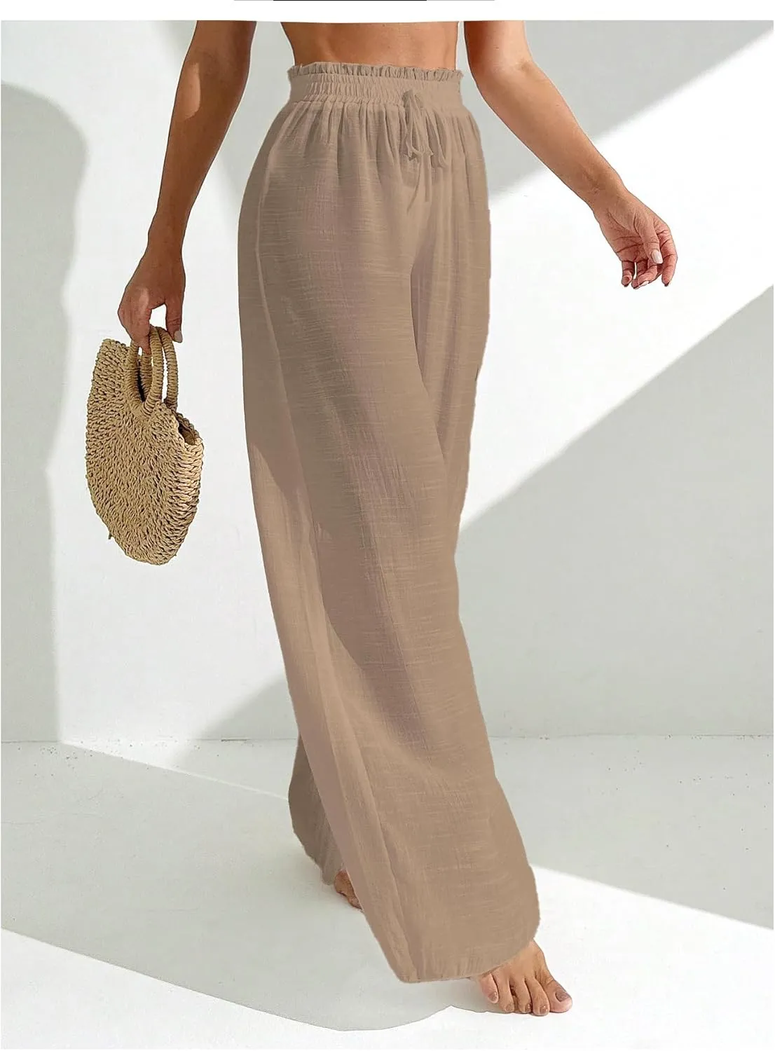 Milumia Women's Summer Linen Bathing Suit Cover Up Swim Beach Pants Sheer Wide Leg Swimsuit Coverup Pants