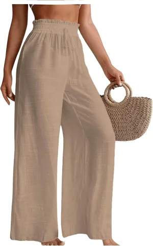 Milumia Women's Summer Linen Bathing Suit Cover Up Swim Beach Pants Sheer Wide Leg Swimsuit Coverup Pants