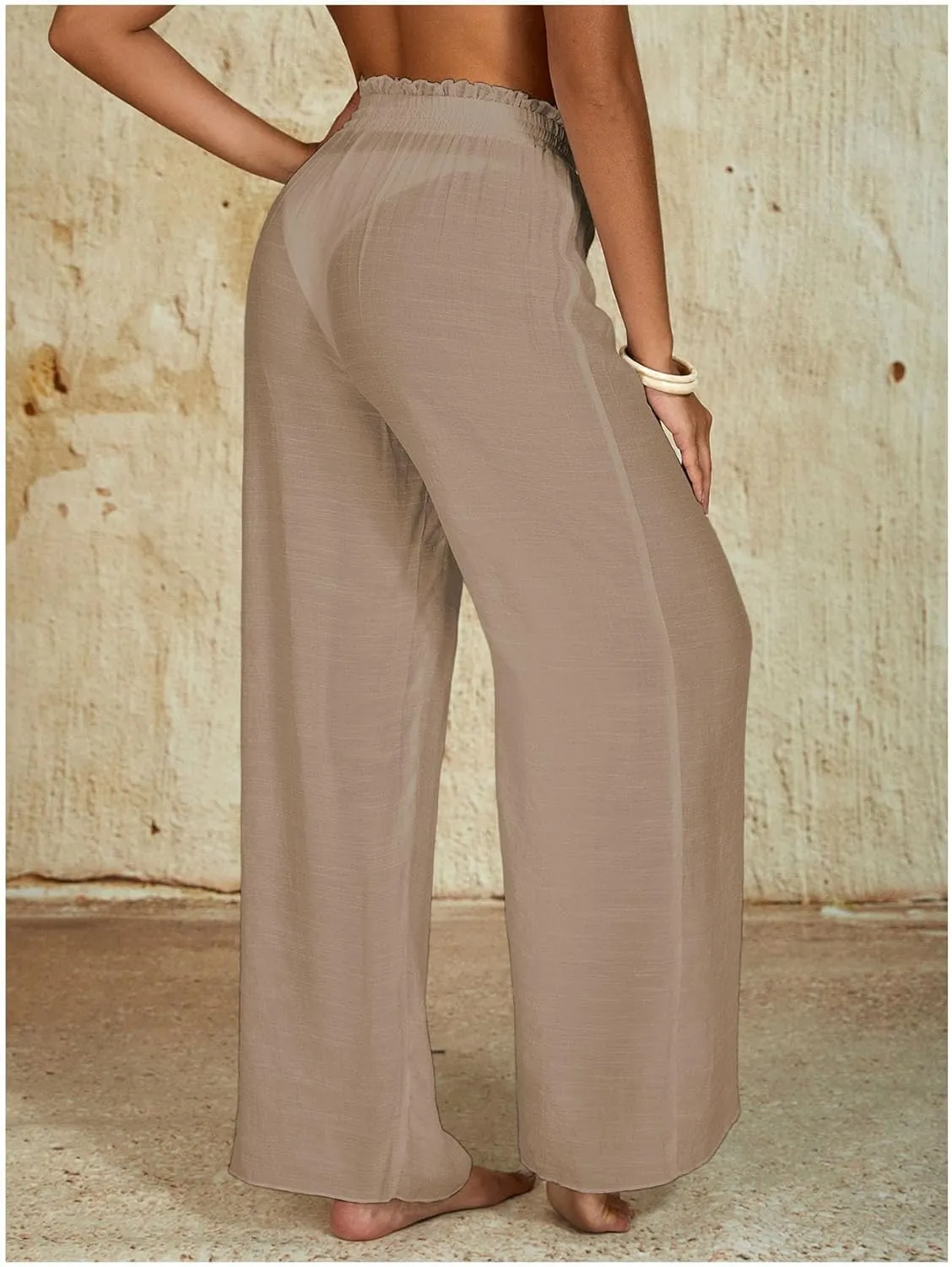 Milumia Women's Summer Linen Bathing Suit Cover Up Swim Beach Pants Sheer Wide Leg Swimsuit Coverup Pants