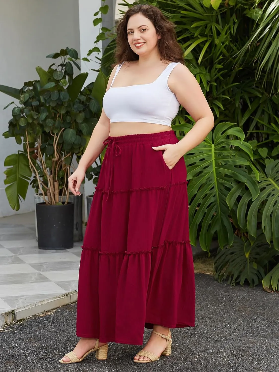 Moon Wood Women's Plus Size Maxi Skirt High Waisted Pleated A Line Flowy Tiered Long Skirts with Pockets