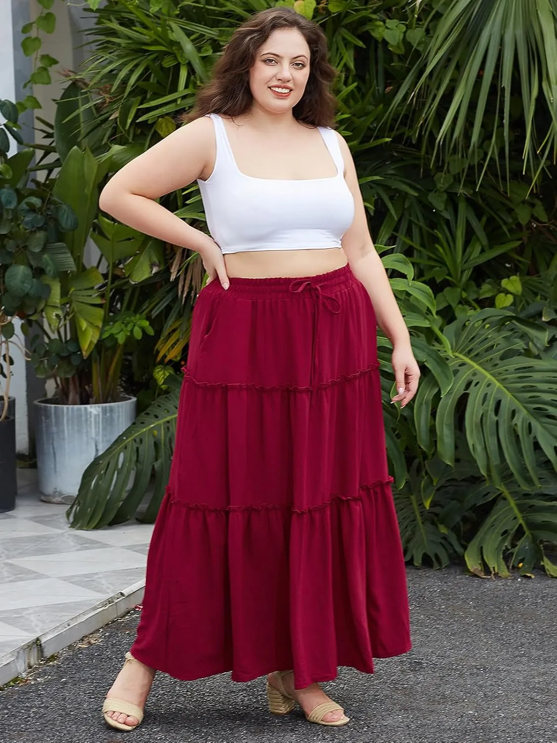 Moon Wood Women's Plus Size Maxi Skirt High Waisted Pleated A Line Flowy Tiered Long Skirts with Pockets