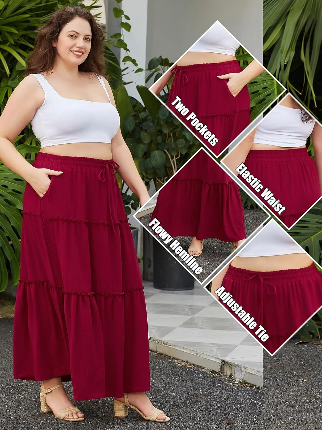 Moon Wood Women's Plus Size Maxi Skirt High Waisted Pleated A Line Flowy Tiered Long Skirts with Pockets