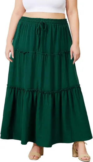 Moon Wood Women's Plus Size Maxi Skirt High Waisted Pleated A Line Flowy Tiered Long Skirts with Pockets