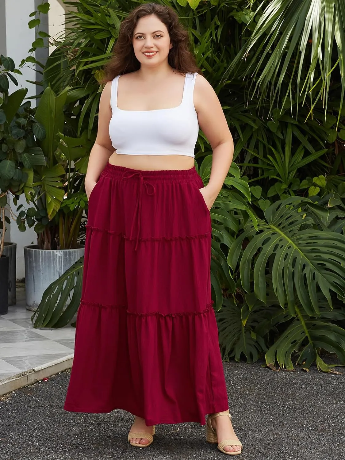 Moon Wood Women's Plus Size Maxi Skirt High Waisted Pleated A Line Flowy Tiered Long Skirts with Pockets