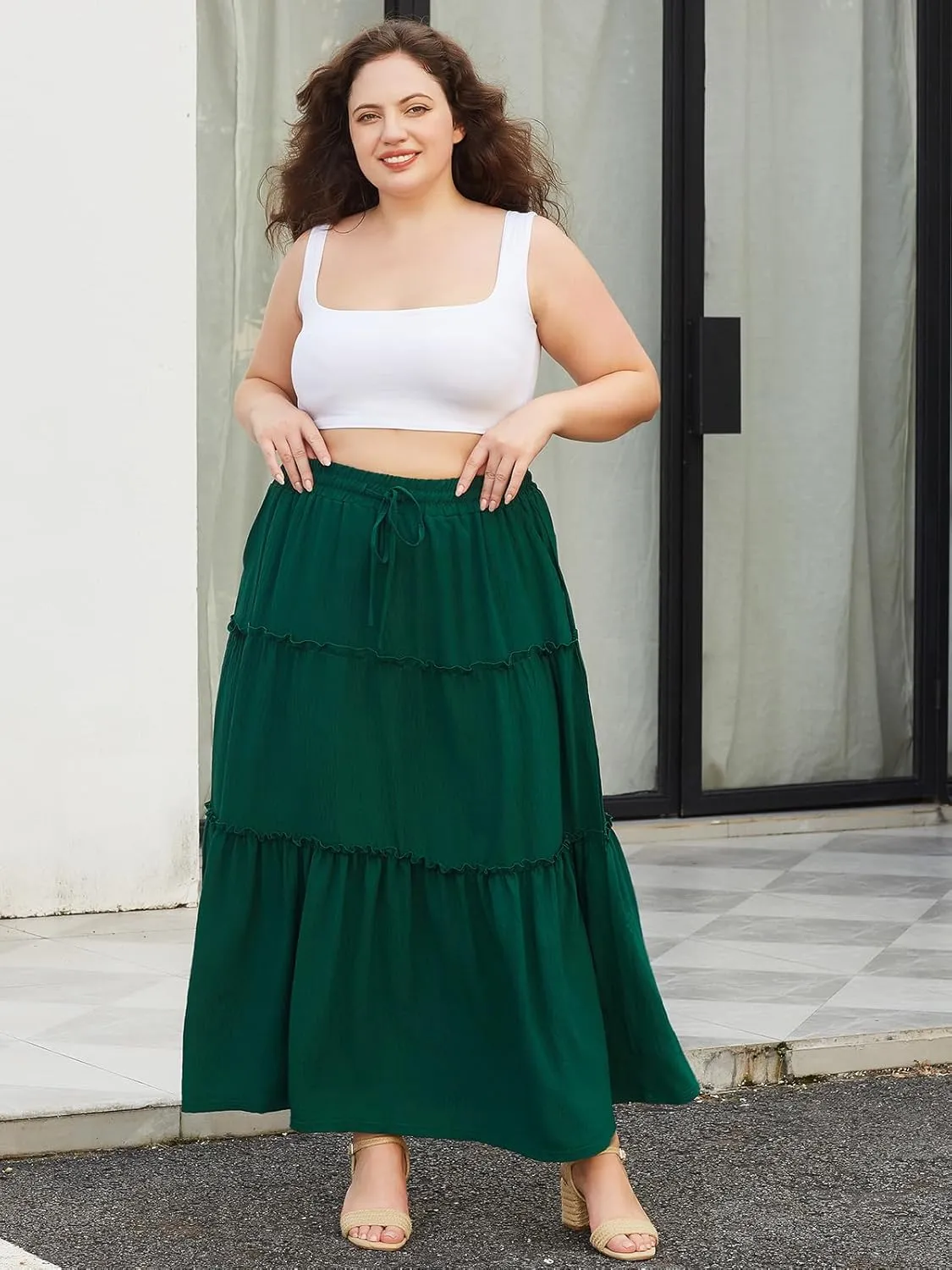 Moon Wood Women's Plus Size Maxi Skirt High Waisted Pleated A Line Flowy Tiered Long Skirts with Pockets