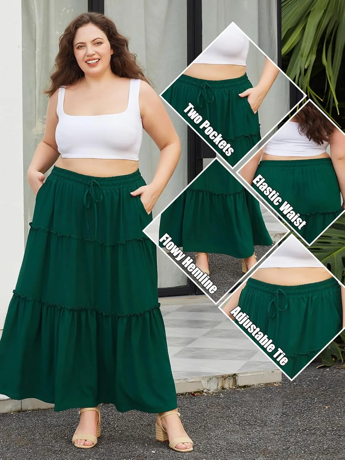 Moon Wood Women's Plus Size Maxi Skirt High Waisted Pleated A Line Flowy Tiered Long Skirts with Pockets