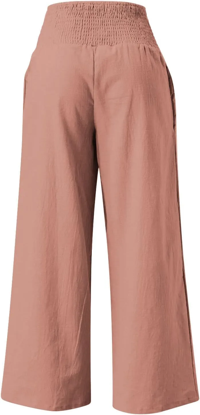 NATHGAM Womens Summer Flowy Cotton Linen Palazzo Pants Beach Smocked High Waisted Lounge Wide Leg Trousers Long with Pockets