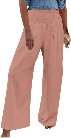 NATHGAM Womens Summer Flowy Cotton Linen Palazzo Pants Beach Smocked High Waisted Lounge Wide Leg Trousers Long with Pockets
