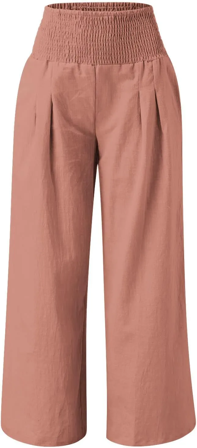 NATHGAM Womens Summer Flowy Cotton Linen Palazzo Pants Beach Smocked High Waisted Lounge Wide Leg Trousers Long with Pockets