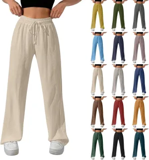NBXNZWF Women's Cotton-Linen Pants Wide Leg Drawstring High Waist Casual Trousers Lounge Pant with Pockets Beach Outfits