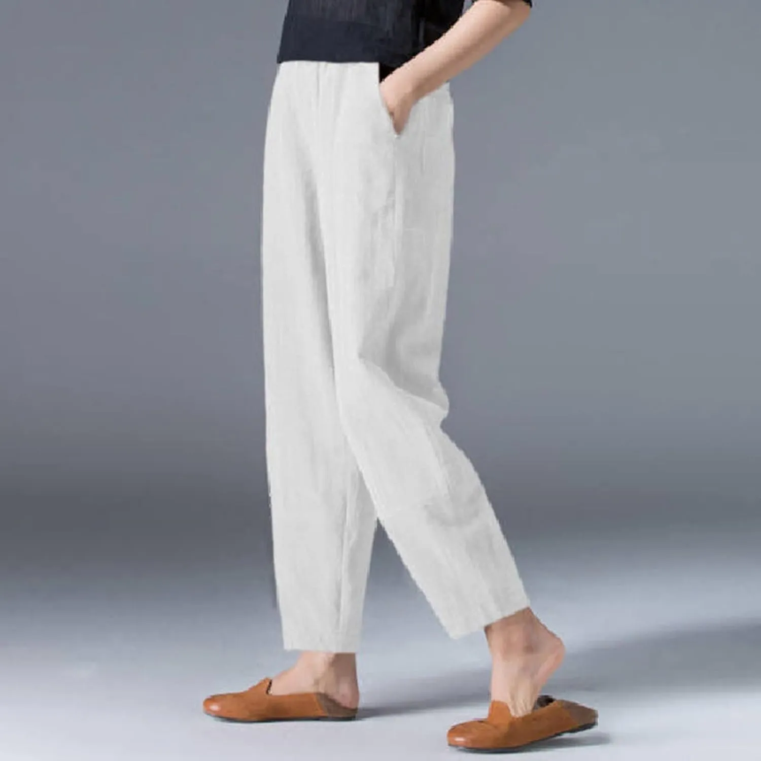 niuwa Womens Cotton and Linen Harem Pants Casual Loose Trousers with Pockets Summer Elastic Waist Boho Pants