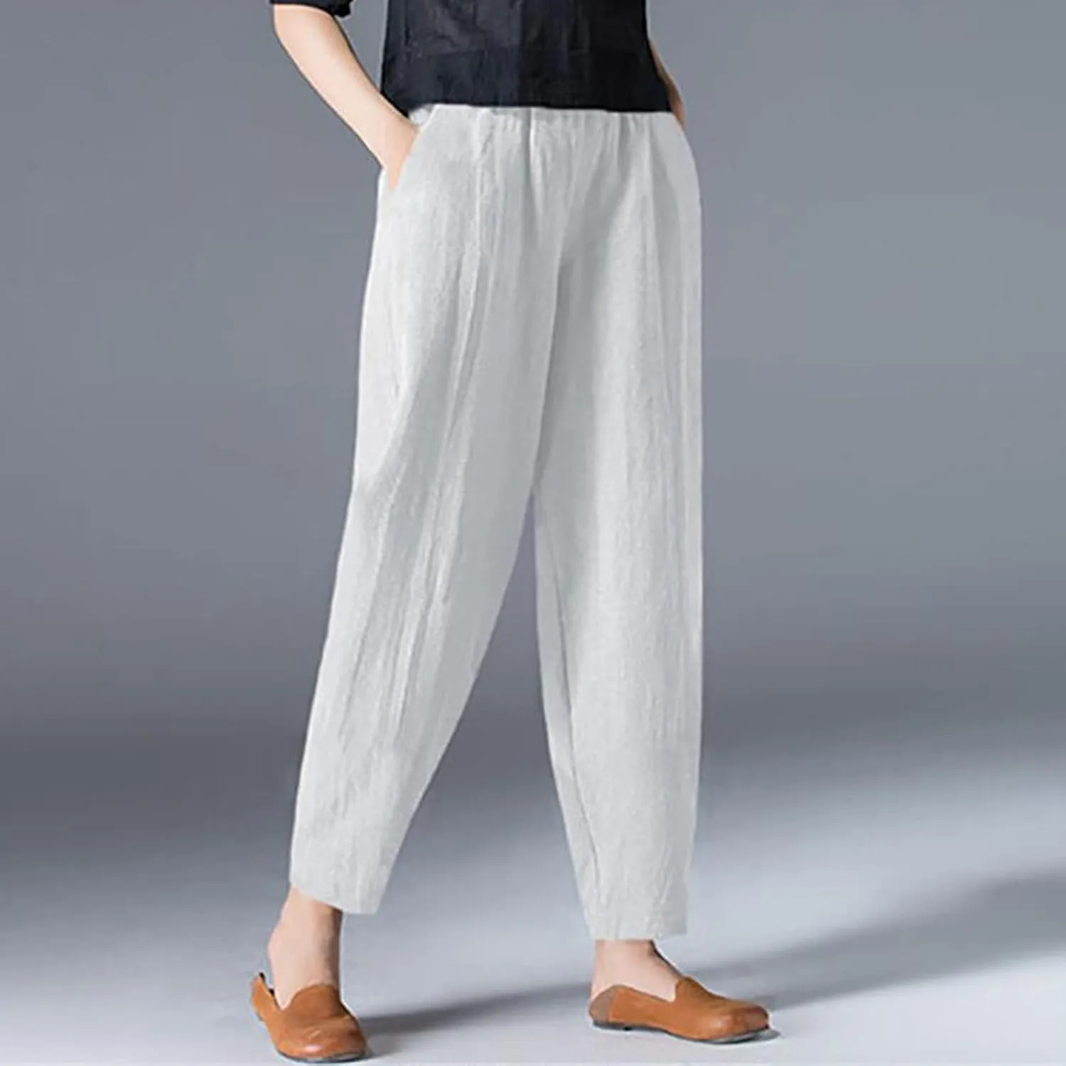 niuwa Womens Cotton and Linen Harem Pants Casual Loose Trousers with Pockets Summer Elastic Waist Boho Pants