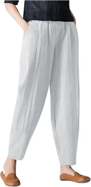 niuwa Womens Cotton and Linen Harem Pants Casual Loose Trousers with Pockets Summer Elastic Waist Boho Pants