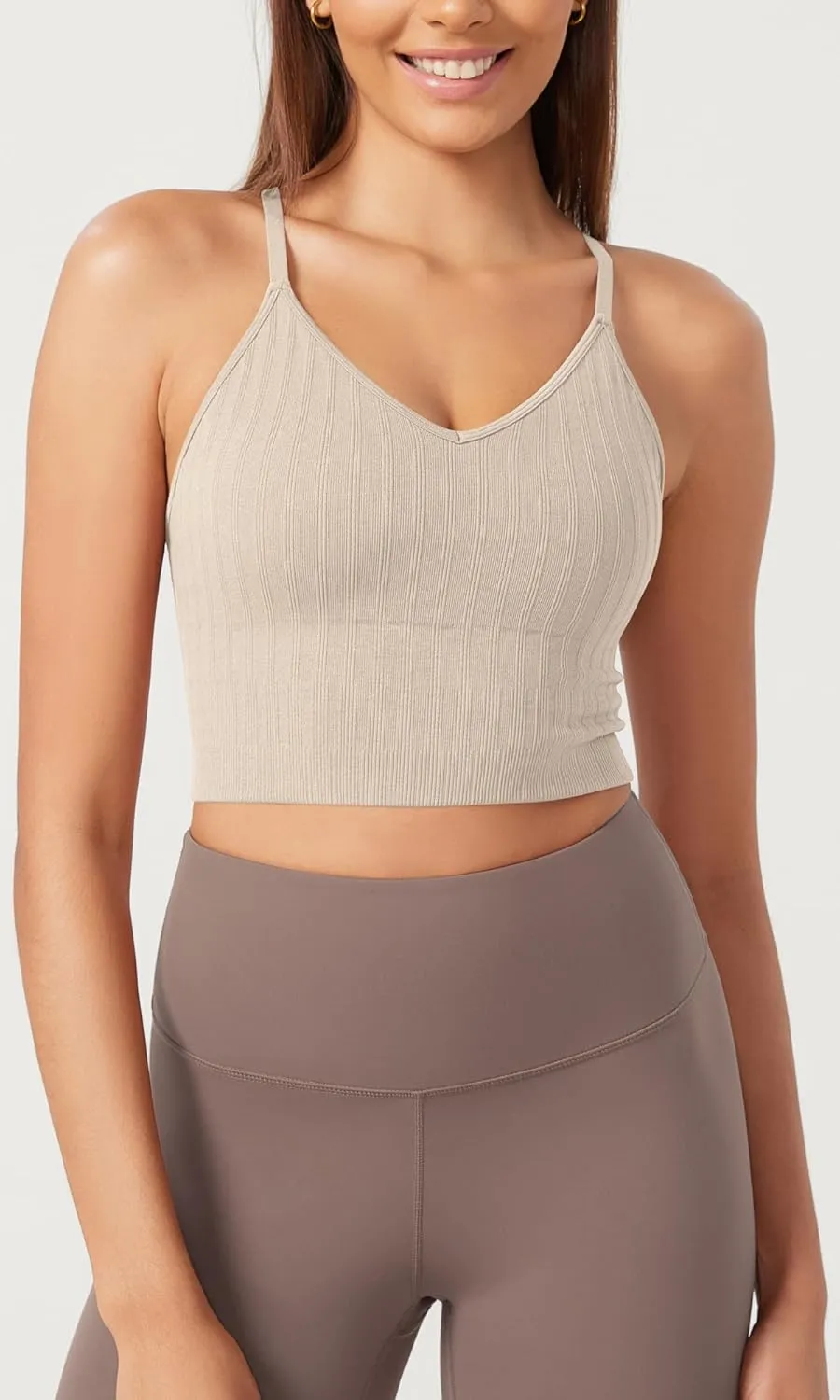ODODOS Seamless Padded Sports Bra for Women Strappy Longline Wirefree Brami Ribbed Crop Tank Tops