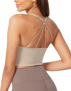 ODODOS Seamless Padded Sports Bra for Women Strappy Longline Wirefree Brami Ribbed Crop Tank Tops