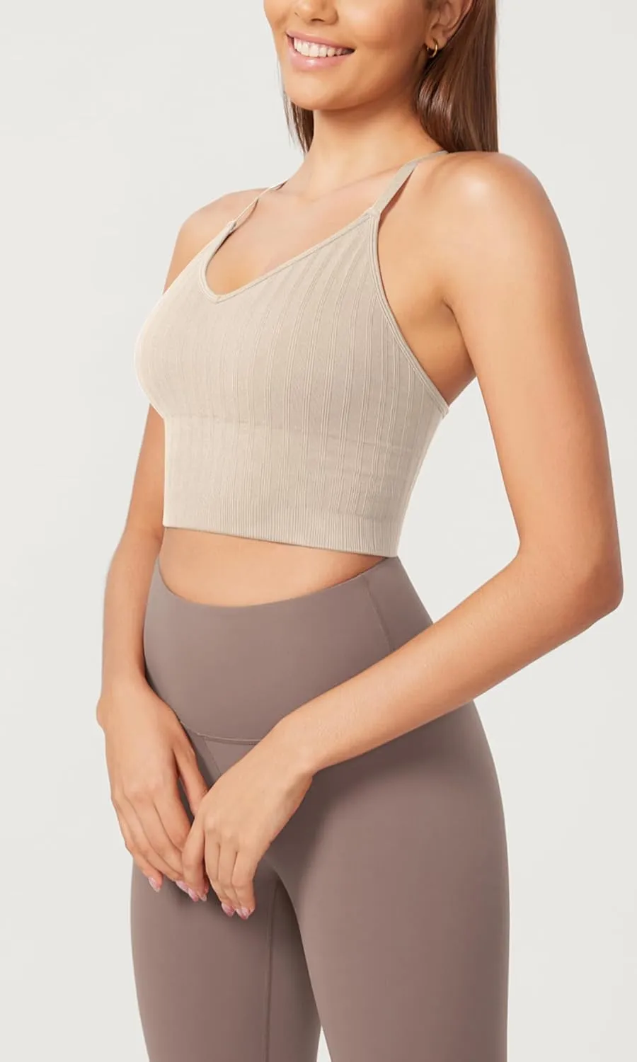 ODODOS Seamless Padded Sports Bra for Women Strappy Longline Wirefree Brami Ribbed Crop Tank Tops