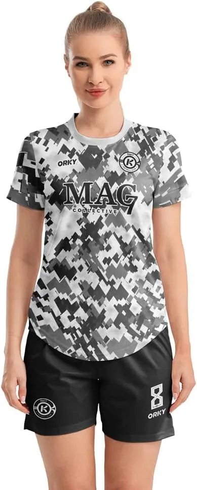 ORKY Women Customize Soccer Jersey, Quick Dry Sublimation Personalize Shirt Short Set, Custom Made Team Match Uniform Camo