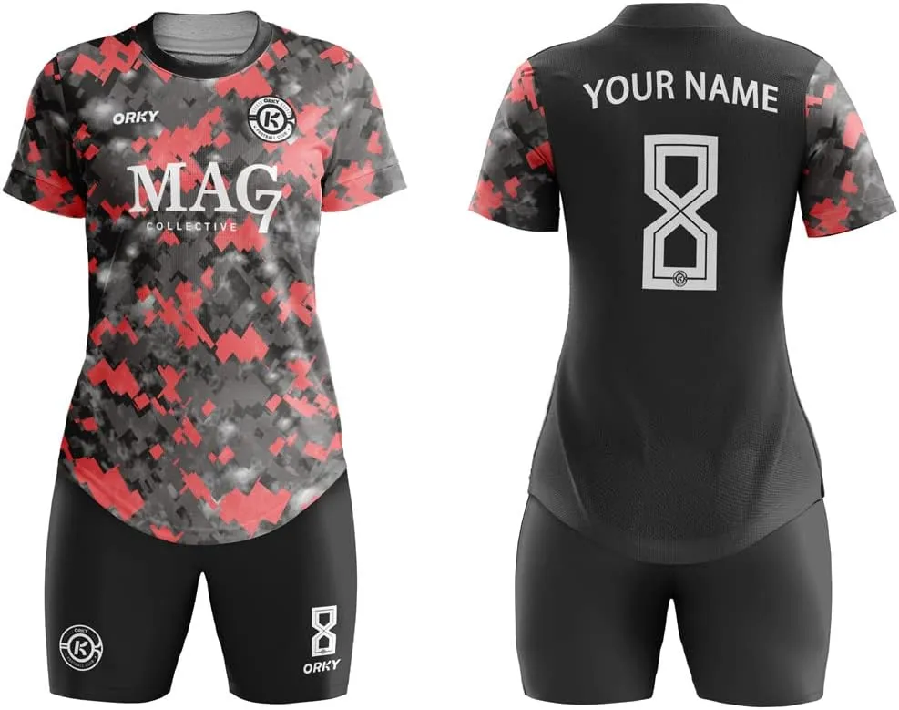ORKY Women Customize Soccer Jersey, Quick Dry Sublimation Personalize Shirt Short Set, Custom Made Team Match Uniform Camo