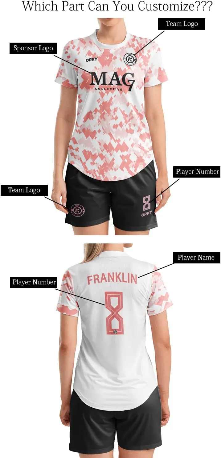 ORKY Women Customize Soccer Jersey, Quick Dry Sublimation Personalize Shirt Short Set, Custom Made Team Match Uniform Camo