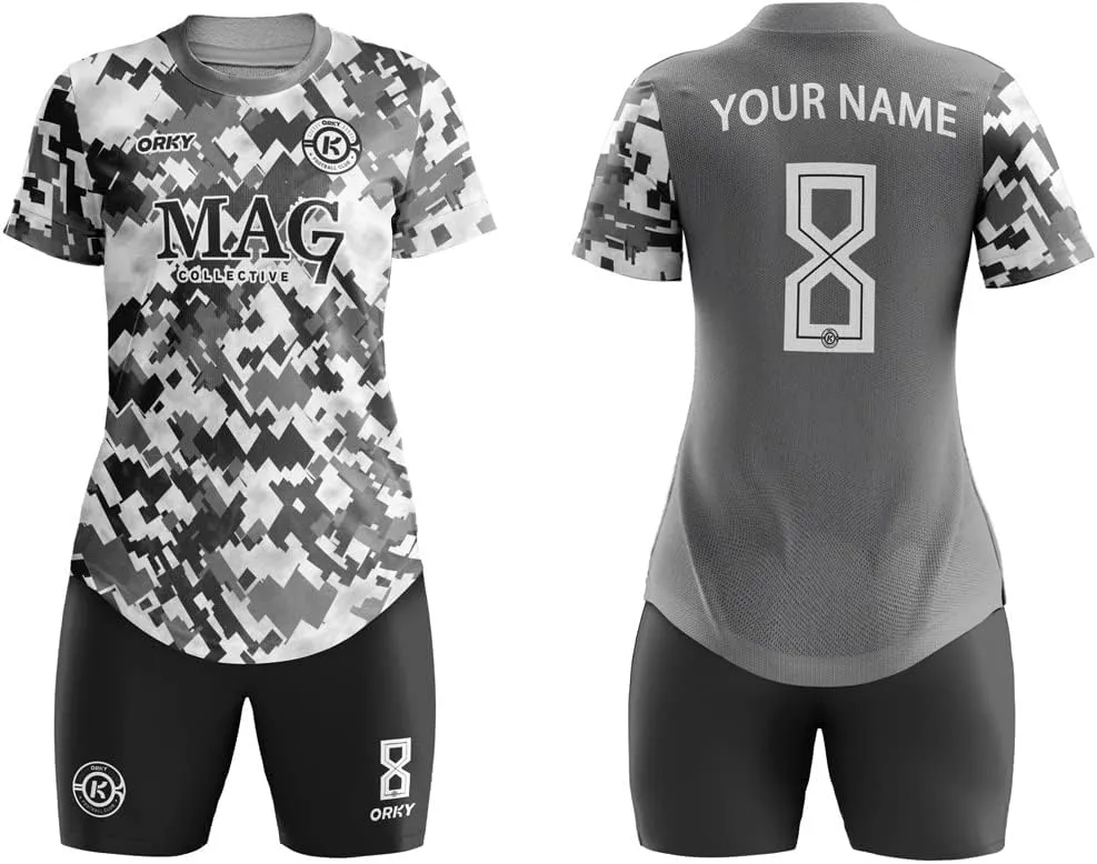 ORKY Women Customize Soccer Jersey, Quick Dry Sublimation Personalize Shirt Short Set, Custom Made Team Match Uniform Camo